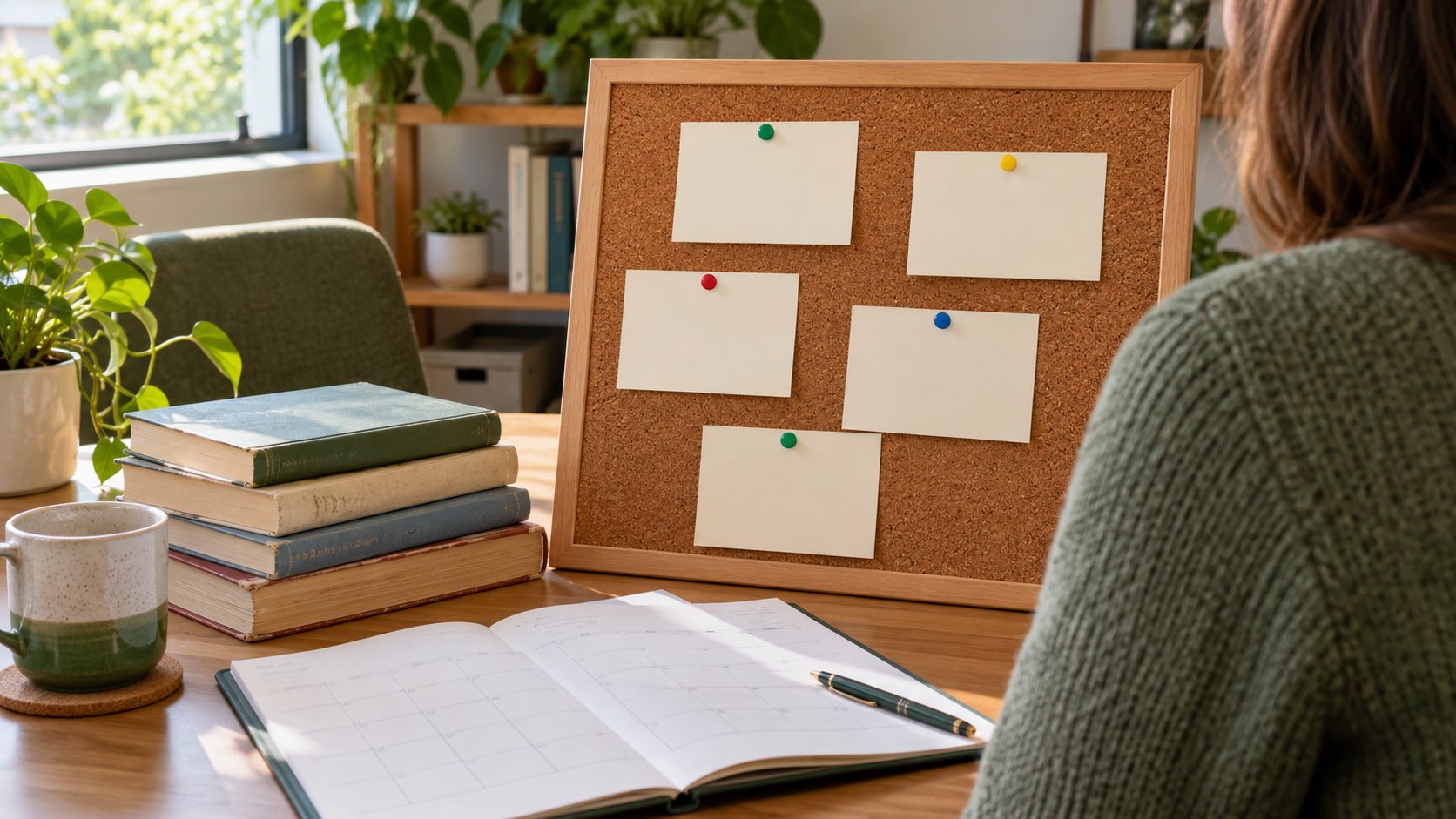 A coordinator reviews a noticeboard beside a calendar and used books in an office planning space.