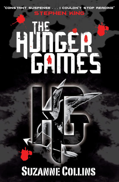 The Hunger Games by Suzanne Collins: black paperback cover with white title lettering and a silver mockingjay emblem.