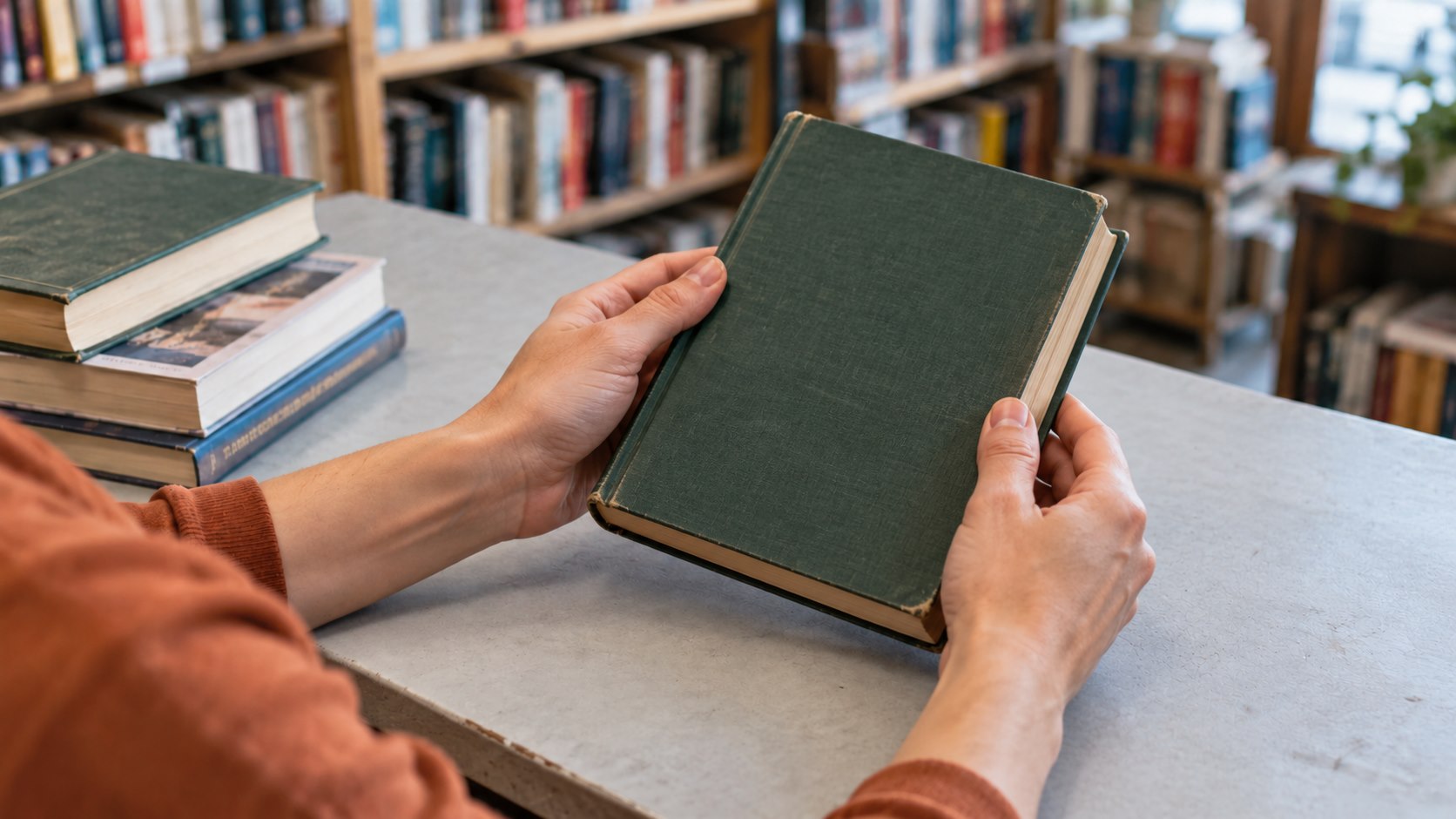 Hands inspecting the cover and page edges of a closed used hardcover at a sorting counter.