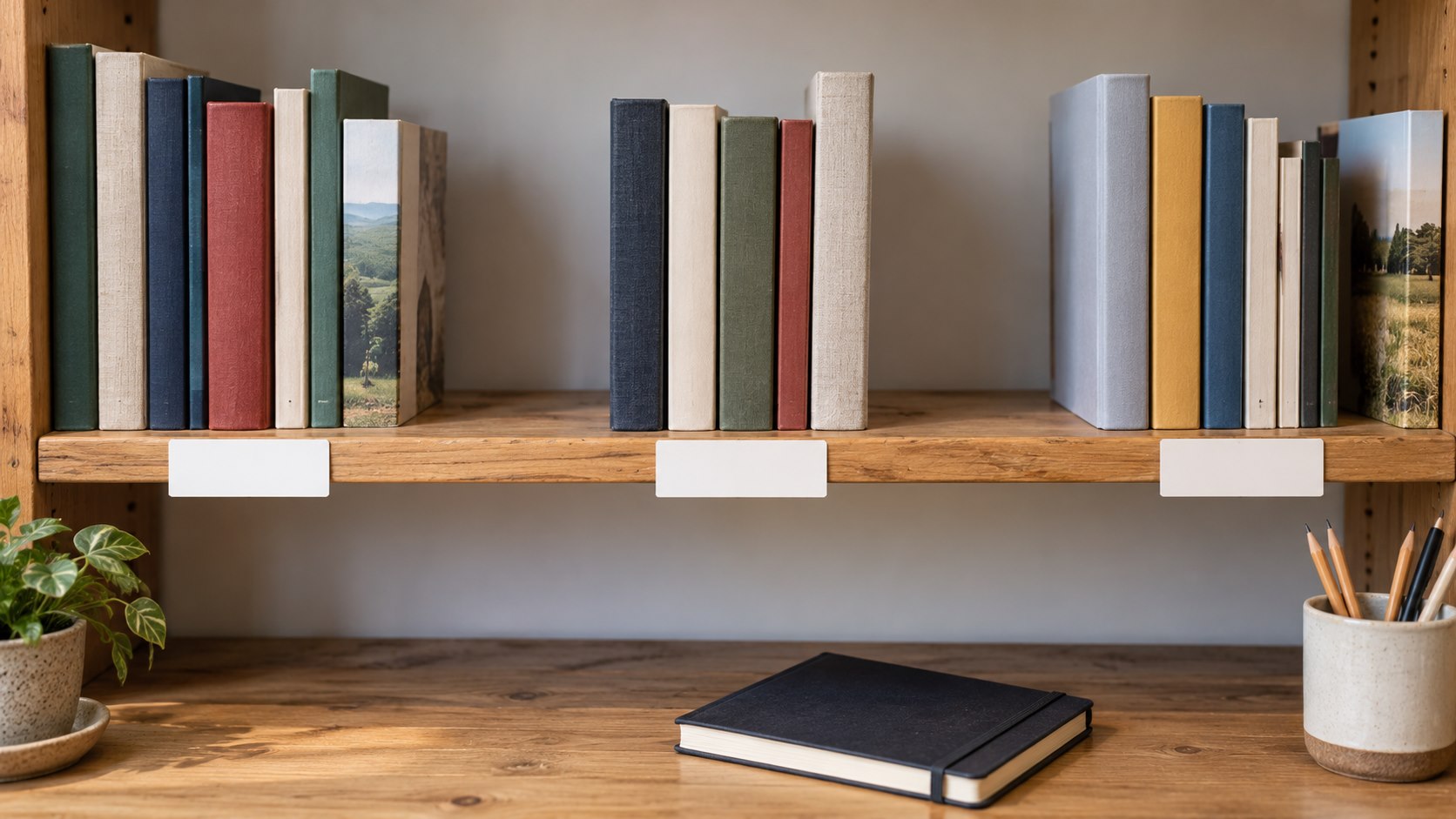 Three groups of books kept apart by clear gaps on a shelf, with blank paper tabs beneath.