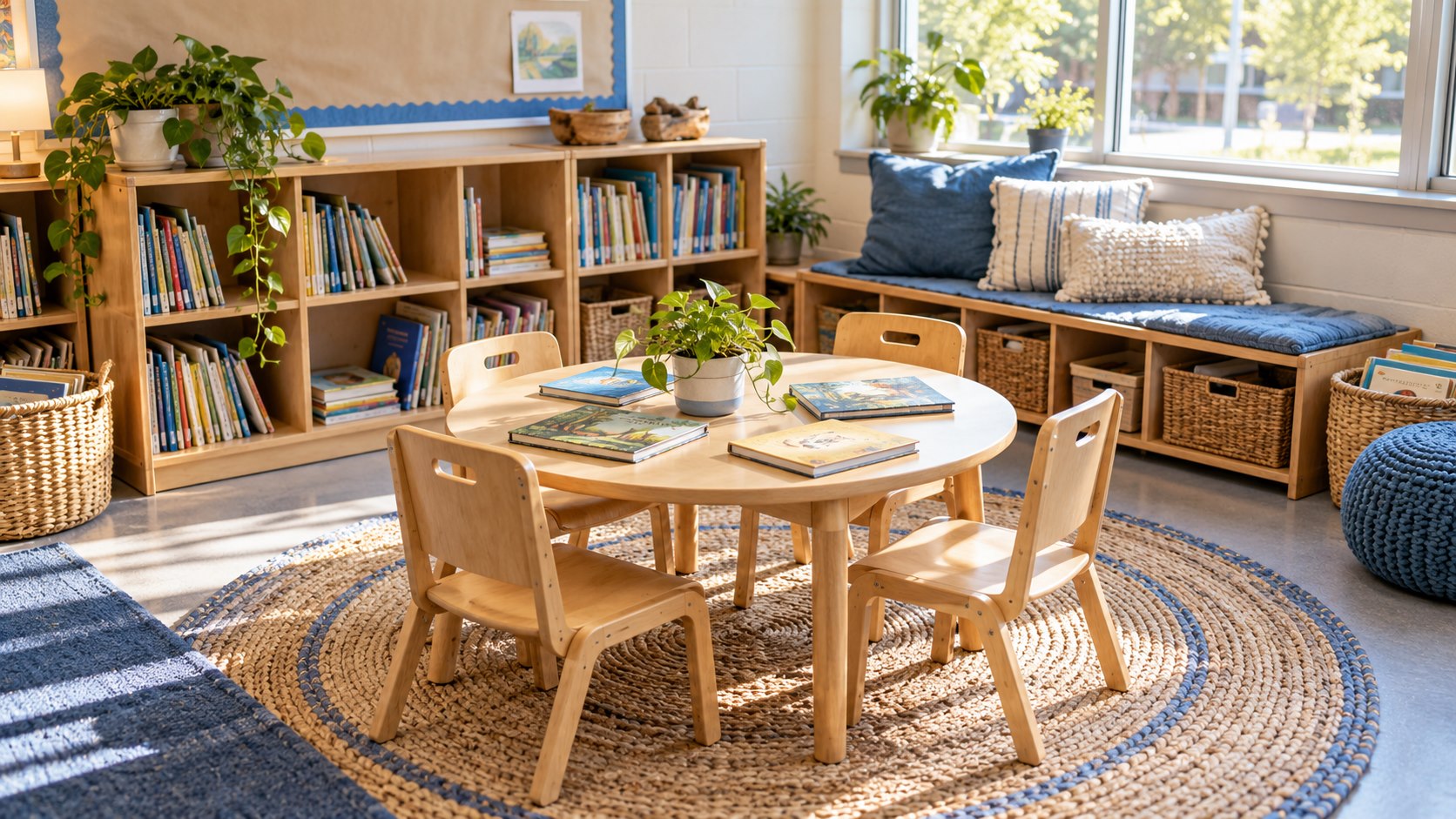 A classroom reading corner with a round table, small chairs and varied books