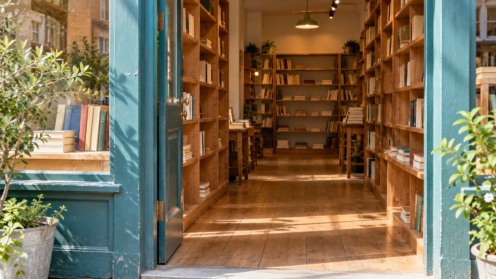 An open teal bookstore doorway with partly cleared shelves and a clear aisle inside.
