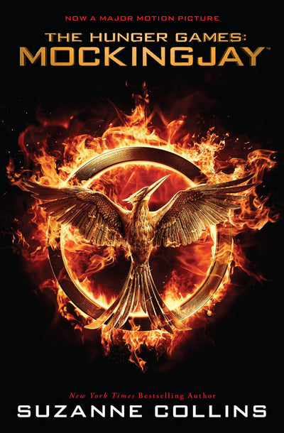 Mockingjay by Suzanne Collins: black movie tie-in paperback cover with a golden mockingjay and flames.