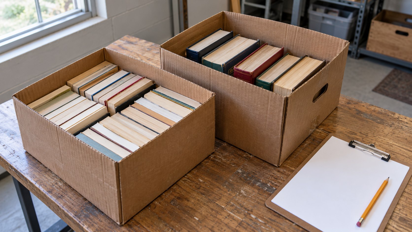 Two open cartons holding books of different sizes beside a blank count sheet