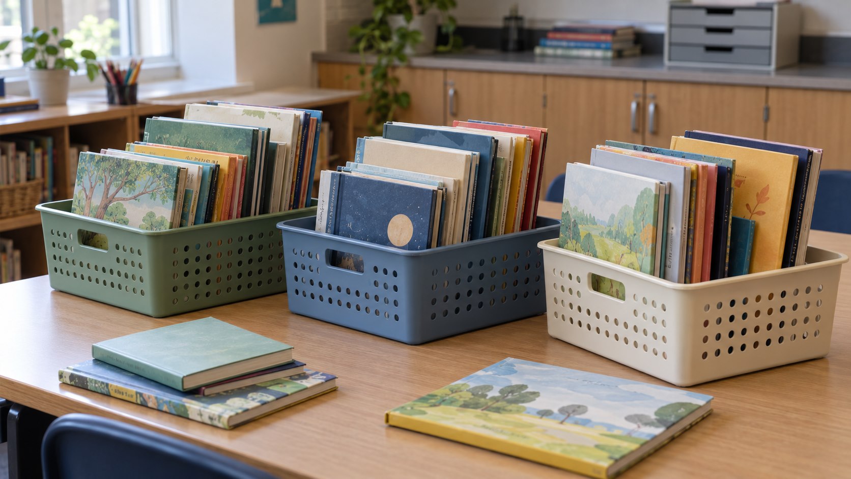 Books grouped in three reusable baskets for different classroom destinations