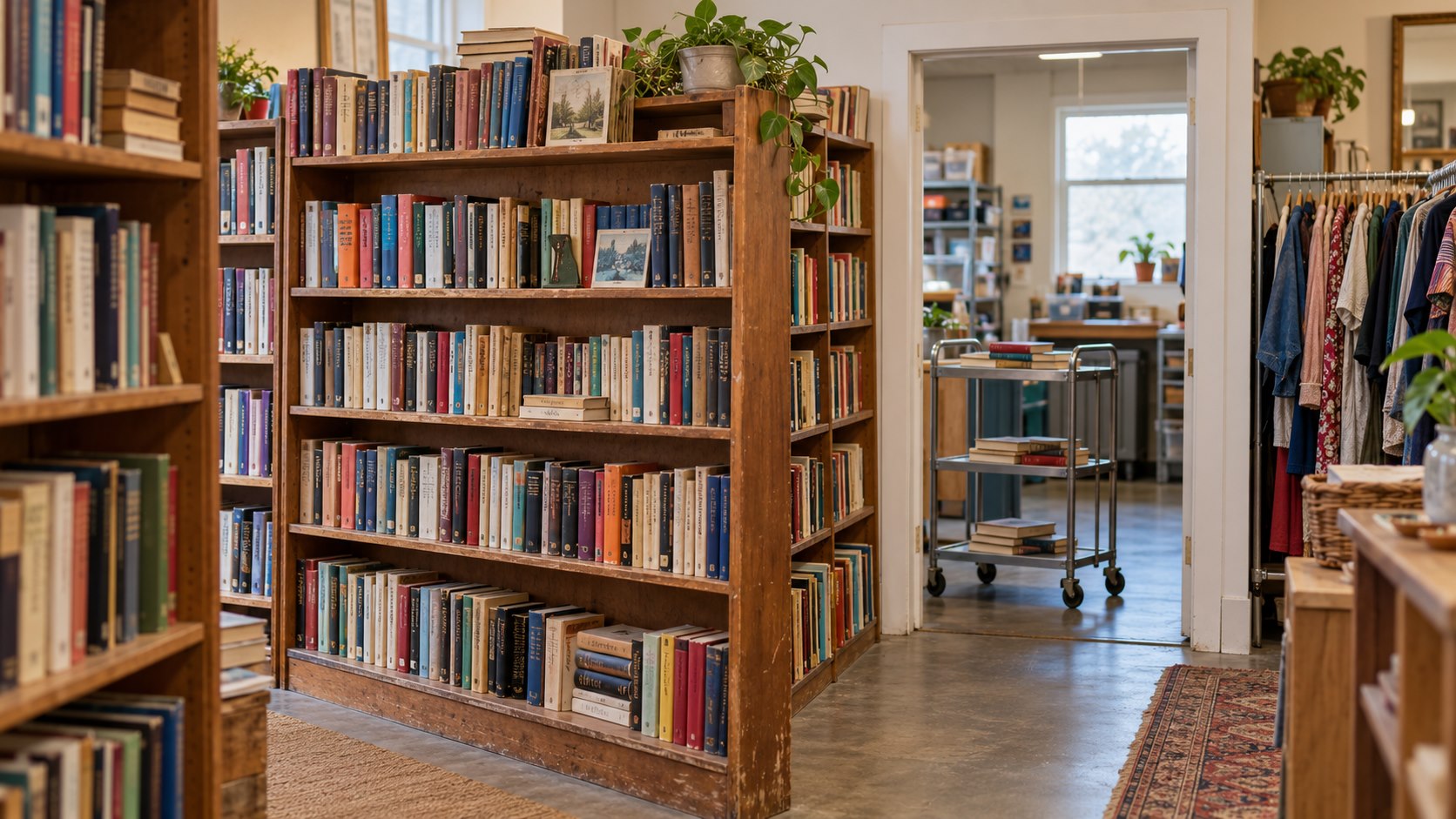 Used books on wooden shelves beside a thrift-store sorting area