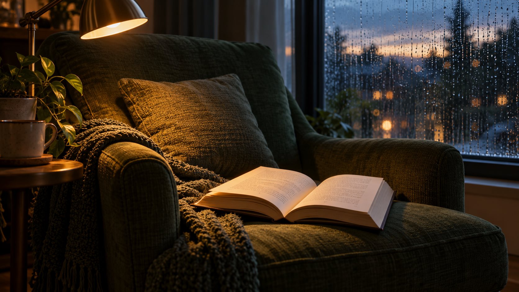 An open paperback in an empty reading chair beside a rainy window and warm lamp.