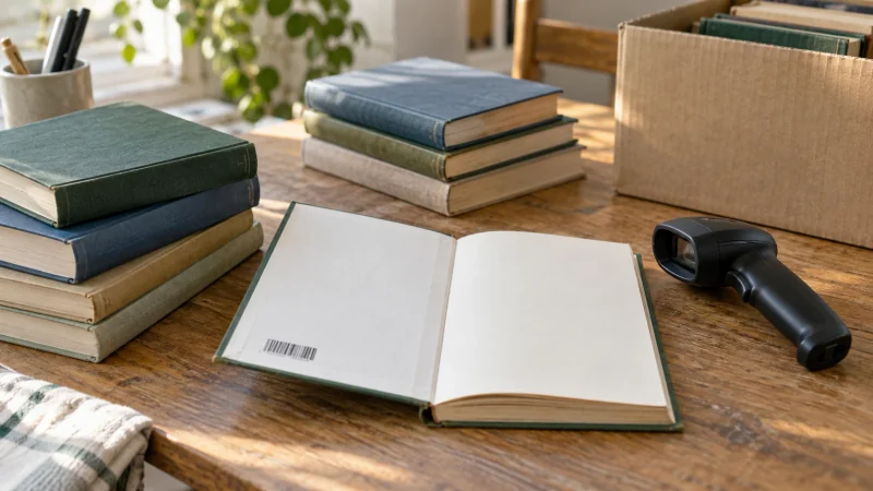 An open book and plain handheld barcode scanner at a sorting table.