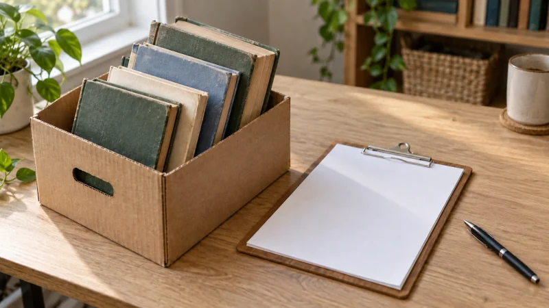 Books beside blank clipboard paper and a pen on a desk.