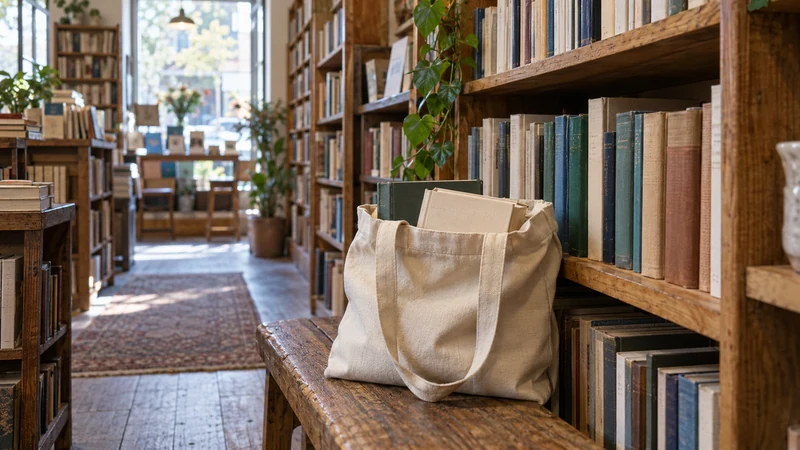 A reusable bag with books on a bench beside wooden bookstore shelves.