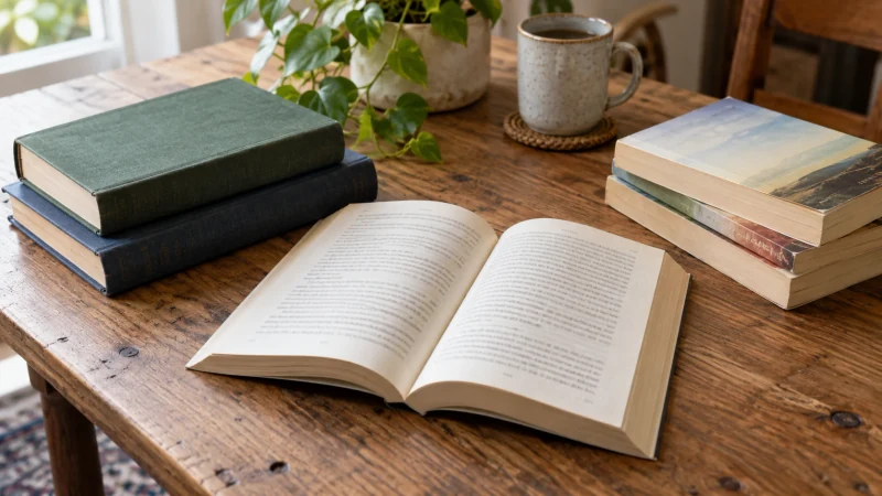 Ordinary used books on a table, with open pages and several copies grouped for review.