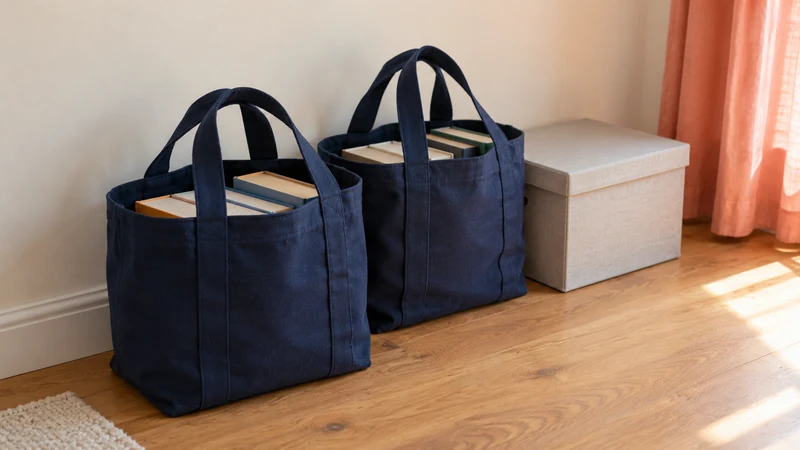 Two sturdy fabric bags of books and a small closed container on a dry floor.
