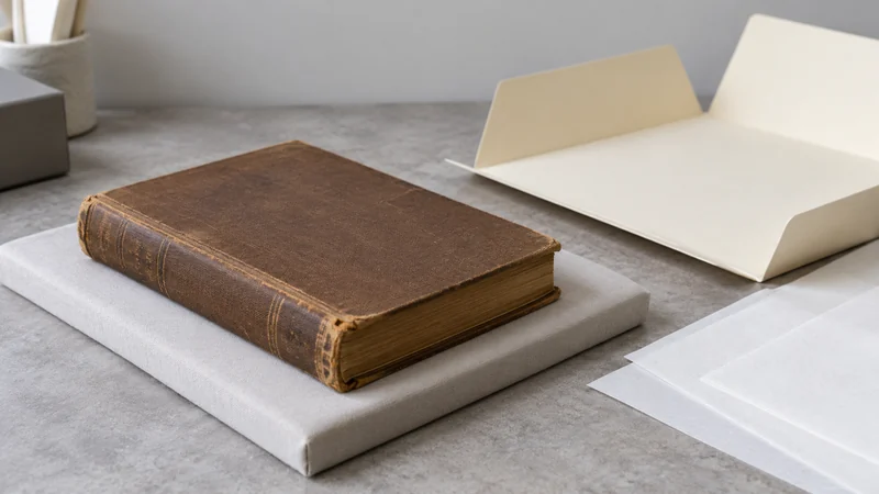 A worn book on a support pad beside conservation storage materials.