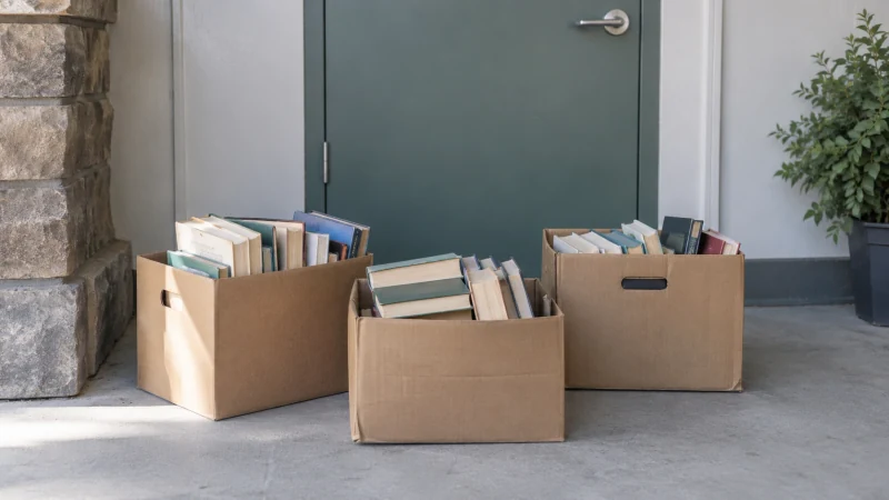Manageable cartons of used books near a clean receiving doorway.