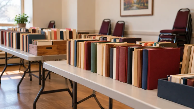 Used books arranged on folding tables in a generic community room.