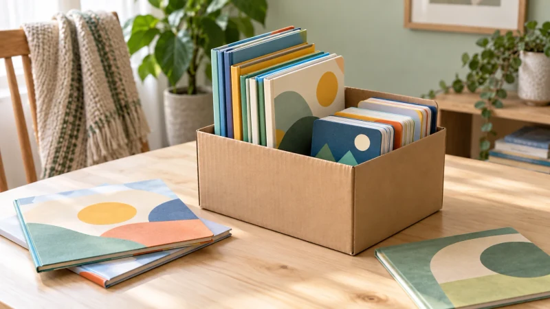 A neat collection of children’s picture books and small board books beside a sturdy donation carton.