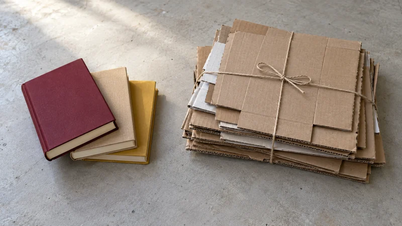 Whole books are kept apart from bundled flattened paper packaging.