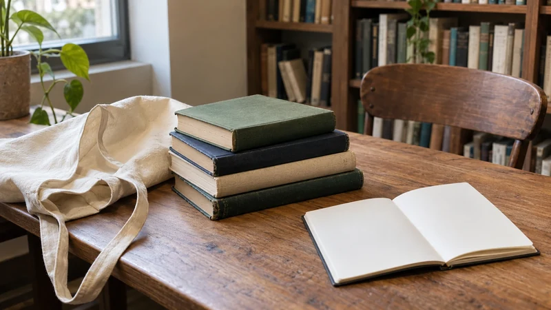 A stack of plain books beside a cotton bag and blank notebook on a wooden table.