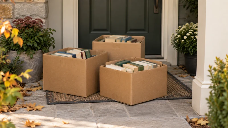 Boxed used books at a dry, sheltered home entrance, ready for an arranged pickup.