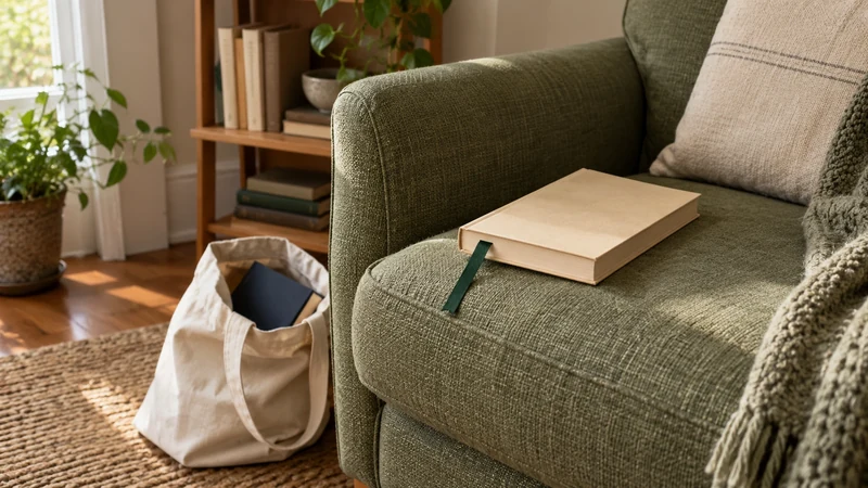 A plain book with a green bookmark on an armchair, with another book in a reusable bag nearby.
