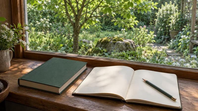 A plain green book and blank notebook on a wooden ledge beside a garden window.