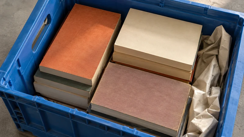 Short book stacks supported inside a reusable crate, with packing paper filling a side gap.