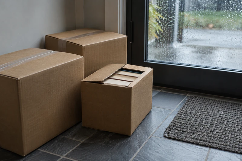 Small book cartons kept indoors beside a rain-covered glass door.