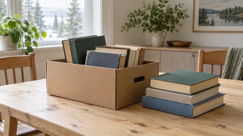 Books in an open cardboard box on a home sorting table.