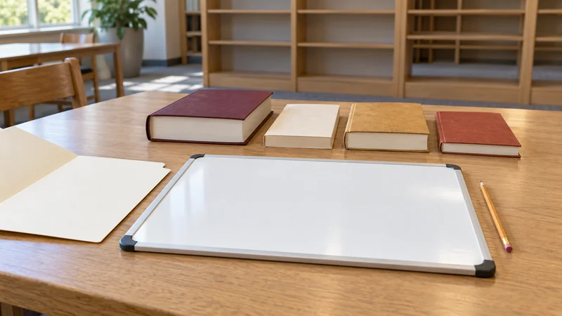 A blank planning board and representative books in a reading room.