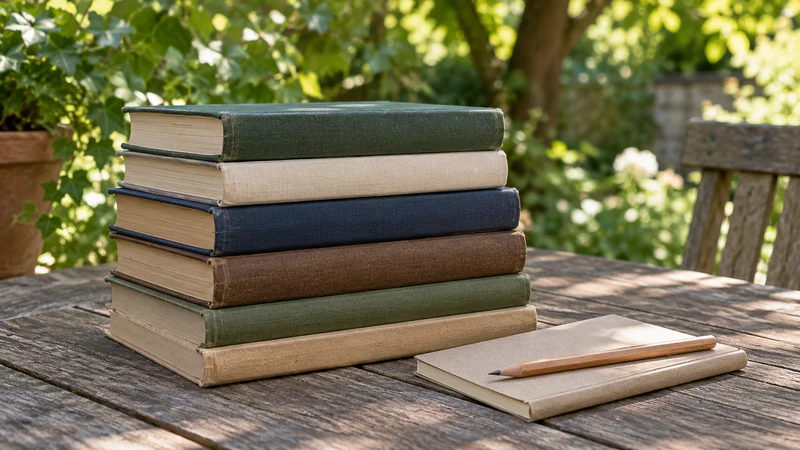 Six plain books beside a notebook and pencil on a garden table.