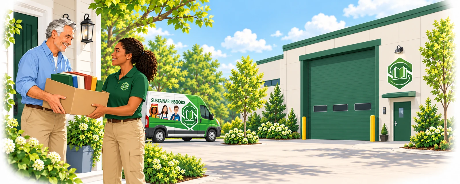 A Sustainable Books employee collects books in a leafy neighborhood beside our branded van. The scene blends into our warehouse, the destination for pickups and drop-offs.