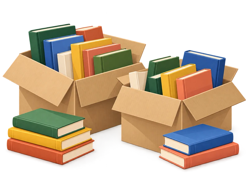 Two boxes of colorful books, ready for their next chapter.