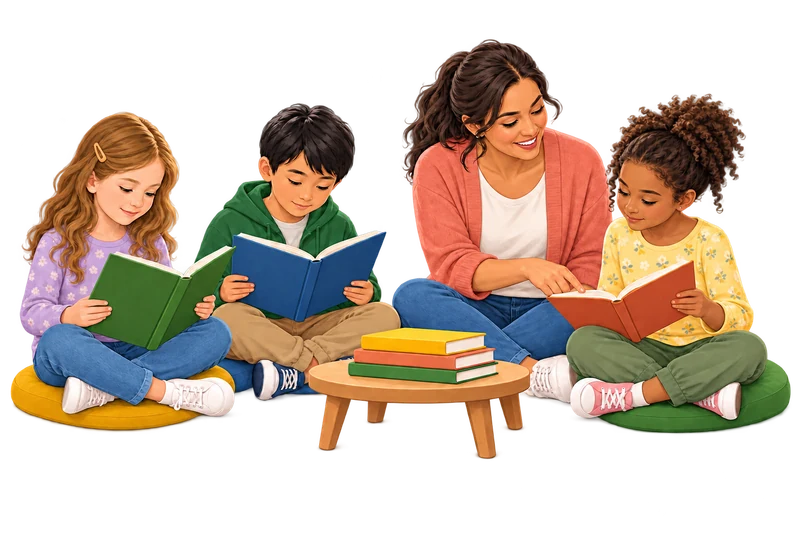 An adult and three children share books and read together.