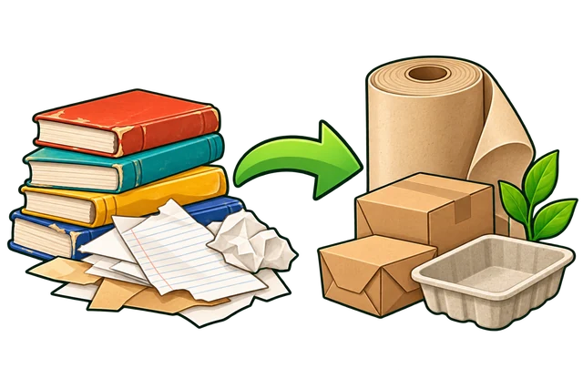 Illustration of paper rolls, cardboard boxes, and molded paper packaging.
