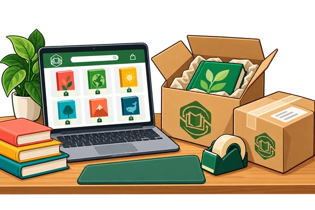An online bookshop beside books packed into parcels for readers.
