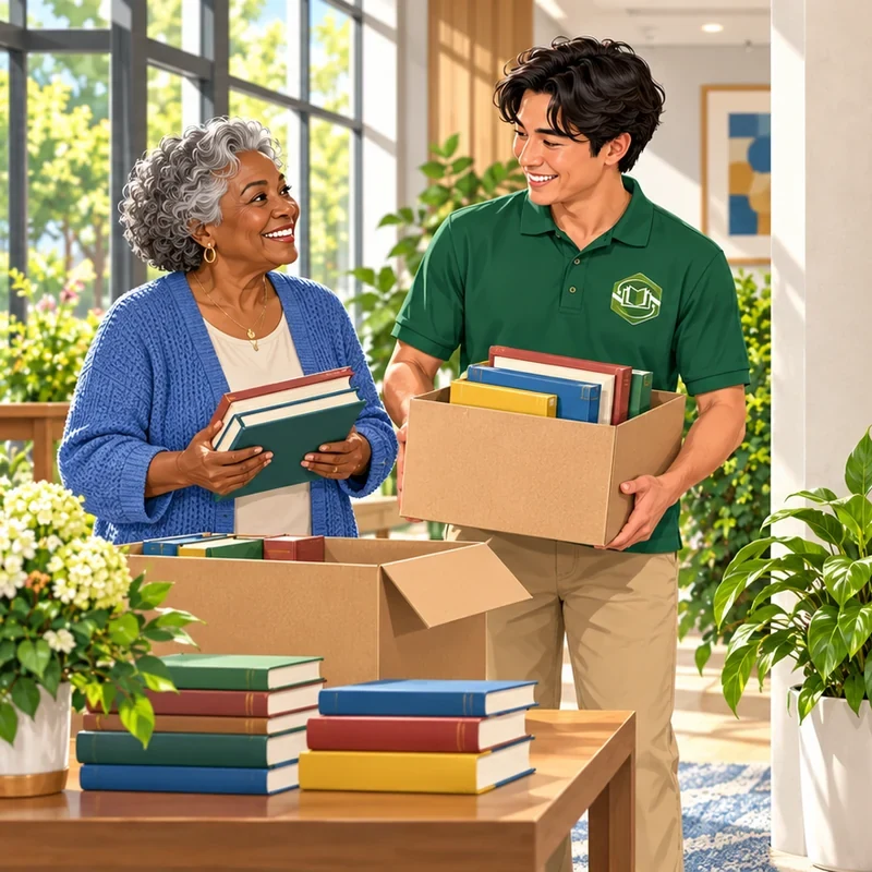 A Sustainable Books team member collects a box of books from a resident in an apartment lobby.