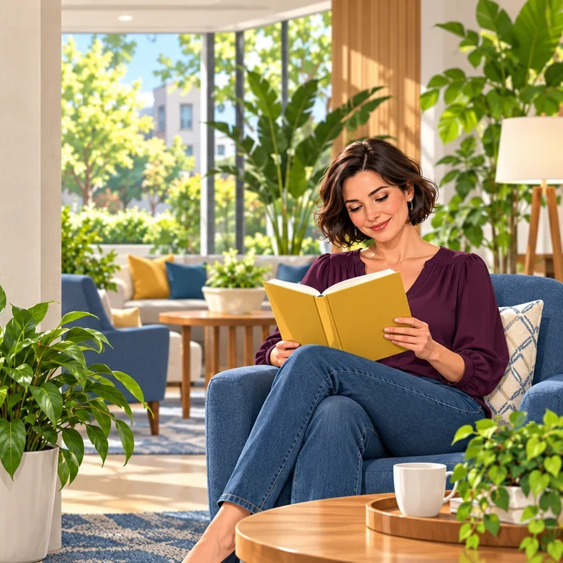 A reader enjoys a book in a comfortable blue lounge chair.
