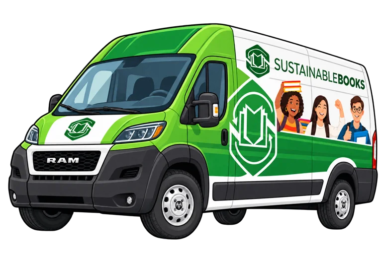 Our green and white Sustainable Books pickup van