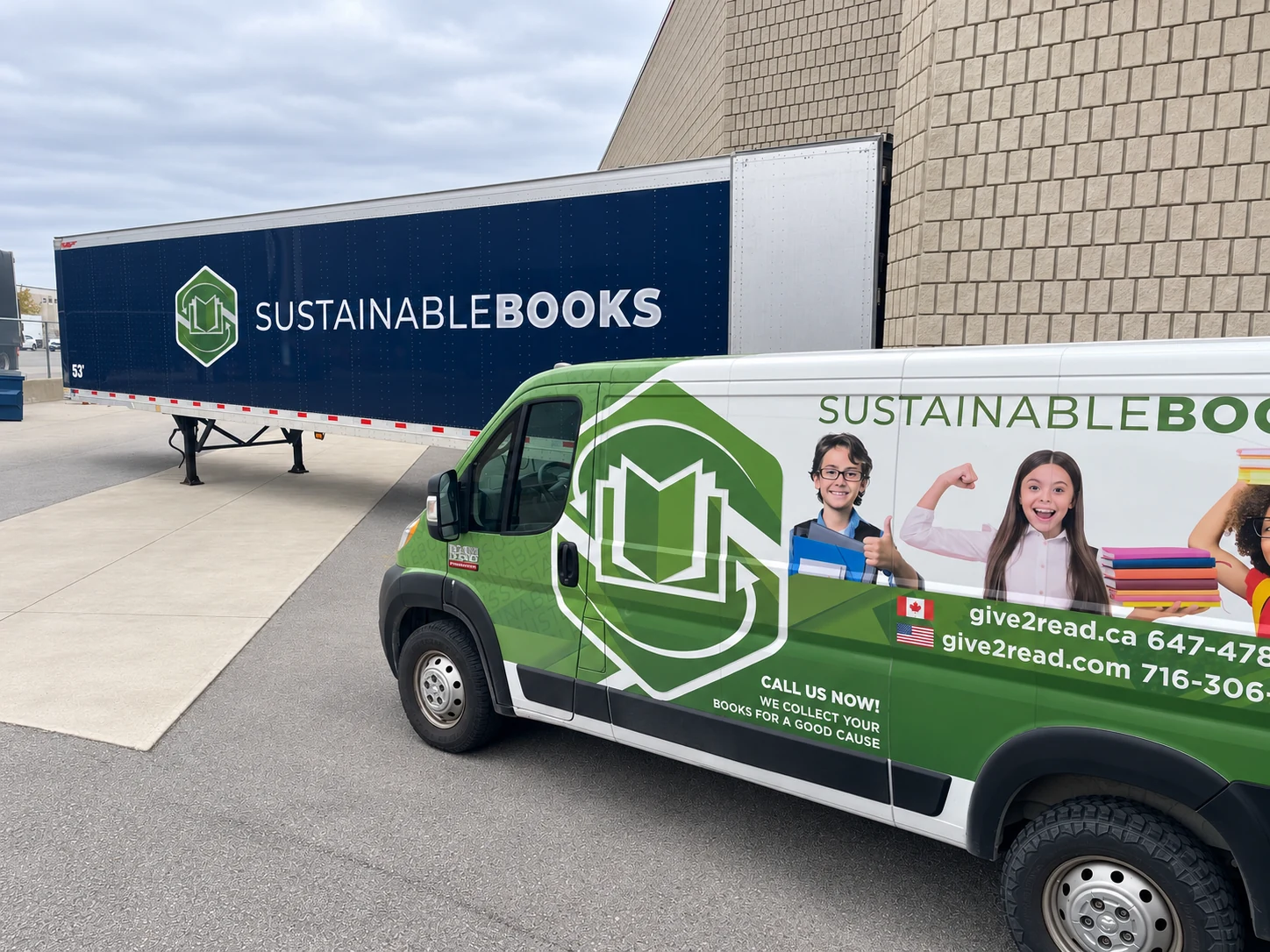 Sustainable Books collection van beside a trailer at the Concord warehouse.